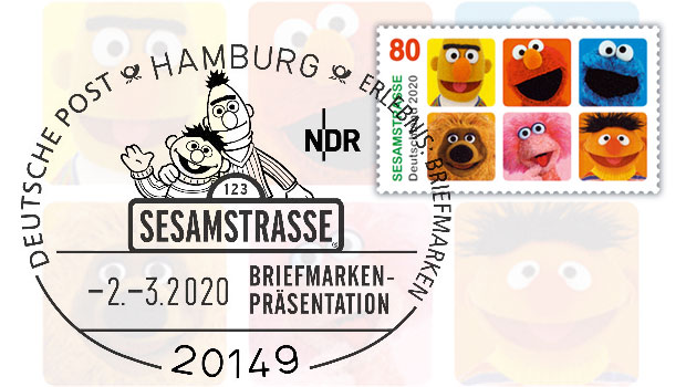 Krümelmonsters Nachbarn: Briefmarke und Stempel für die Sesamstraße